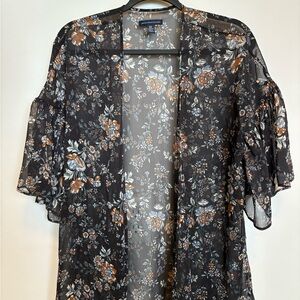 American Eagle Outfitters Black Sheer Floral Kimono with Rust and Cream Flowers